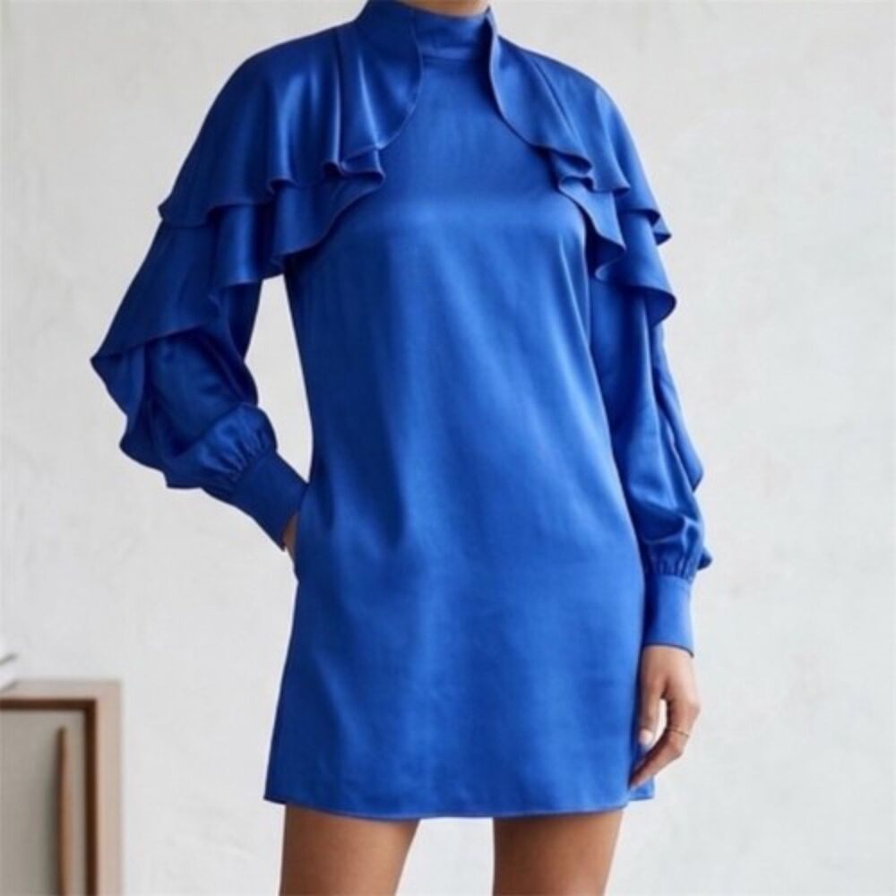 Farm Rio Dress Womens Sz M Bright Blue Backless Ruffle Sleeve Mini Babydoll New